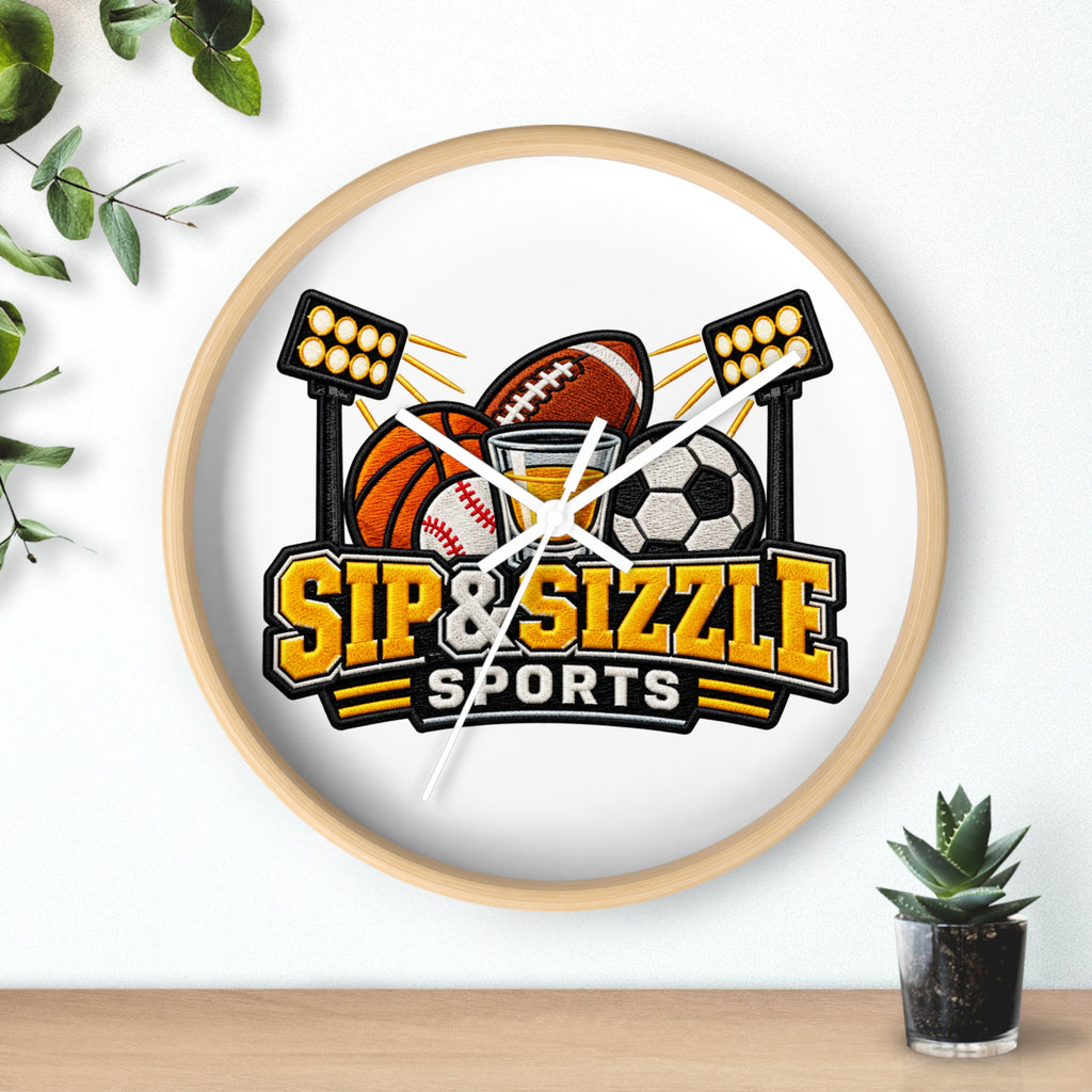Sip & Sizzle Sports Wall Clock — Game Day Barroom Sports Logo Clock