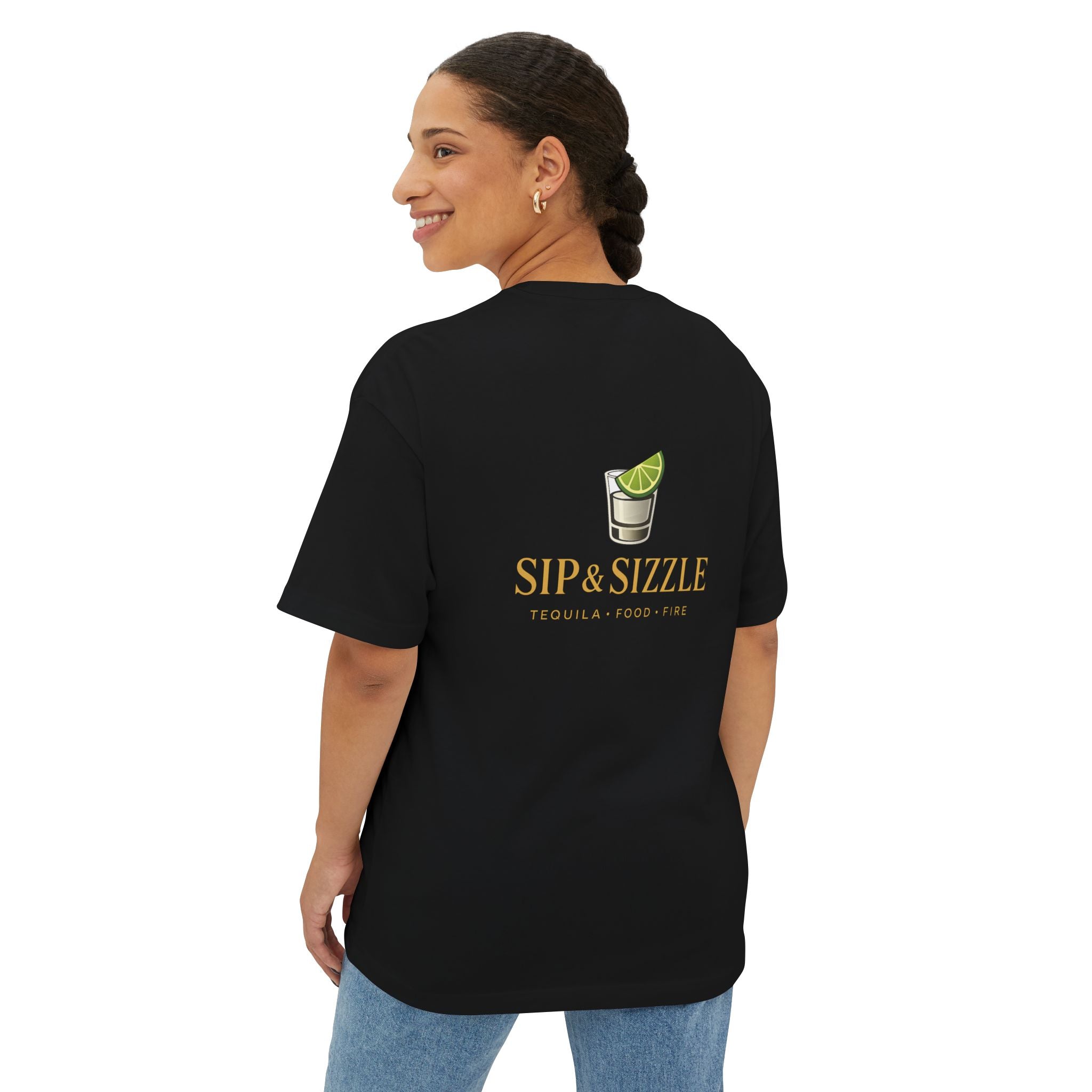 Sip & Sizzle Tee -Graphic Oversized Boxy T-Shirt Front and Back logo