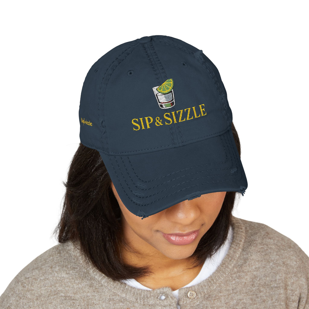 Embroidered Distressed Dad Hat — 'Sip & Sizzle' Casual Baseball Cap