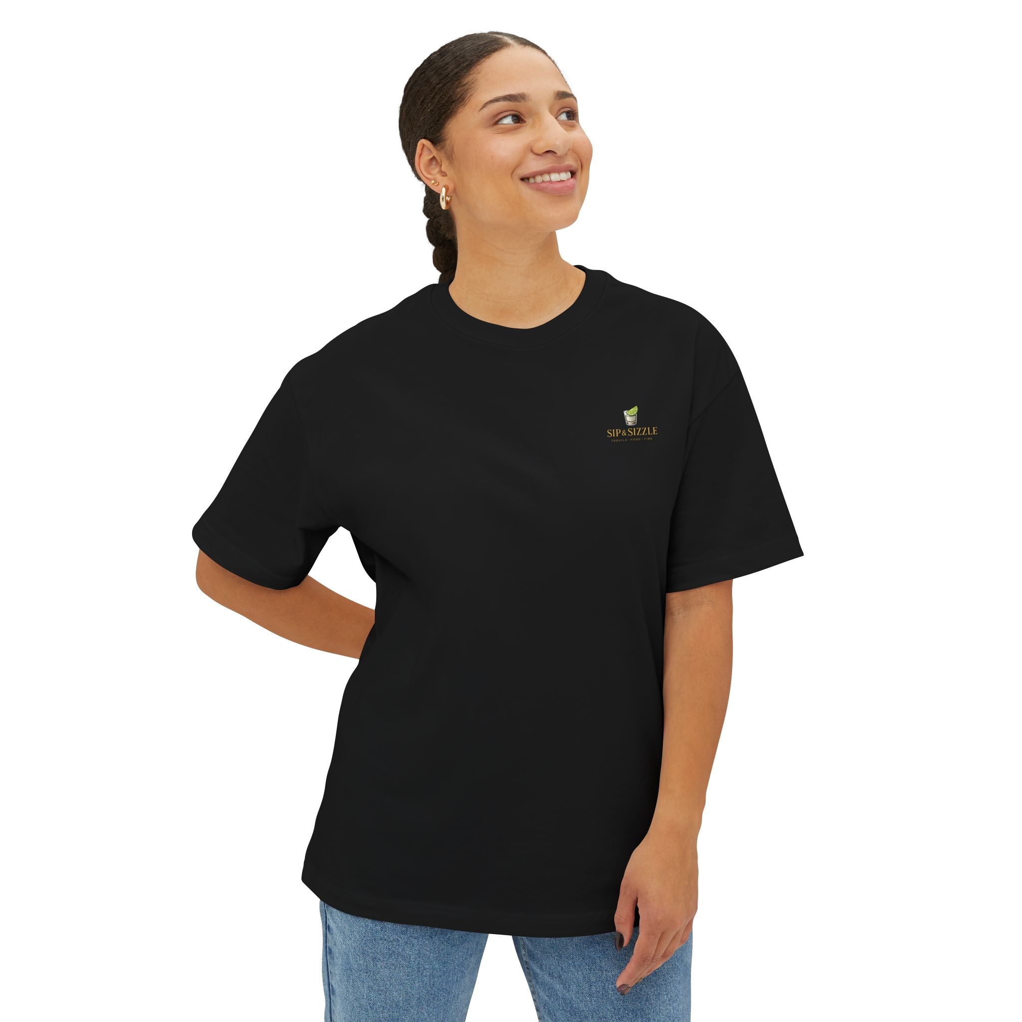 Sip & Sizzle Tee -Graphic Oversized Boxy T-Shirt Front and Back logo