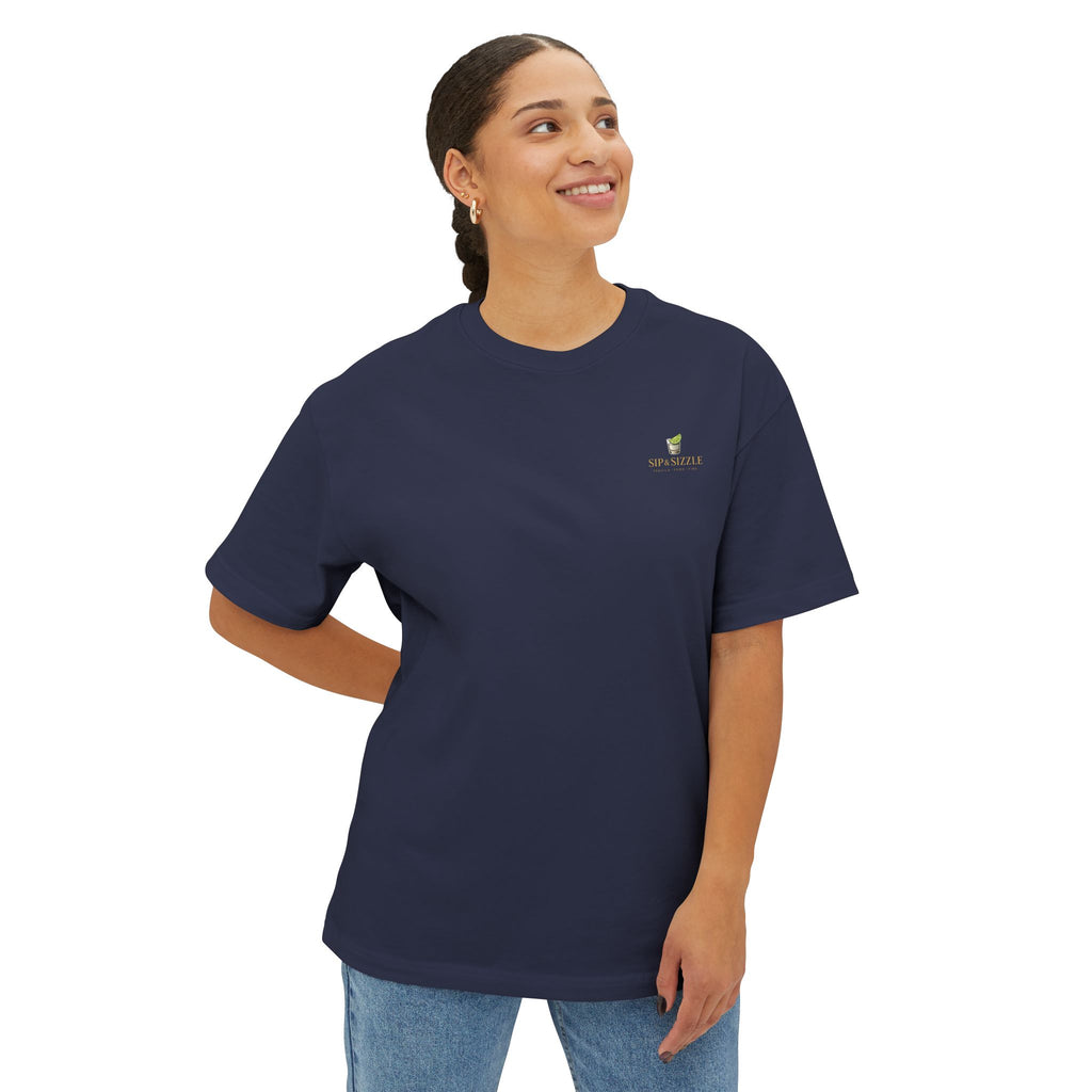 Sip & Sizzle Tee -Graphic Oversized Boxy T-Shirt Front and Back logo
