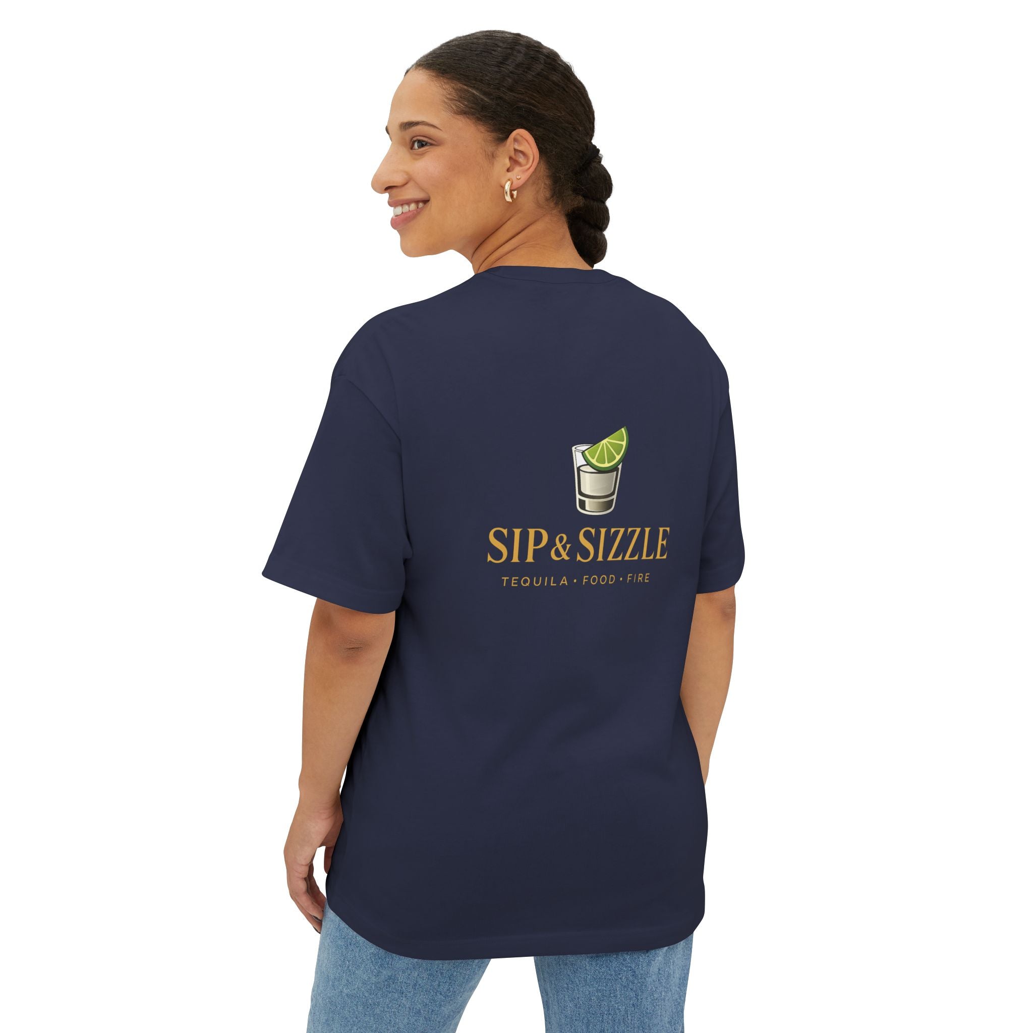 Sip & Sizzle Tee -Graphic Oversized Boxy T-Shirt Front and Back logo