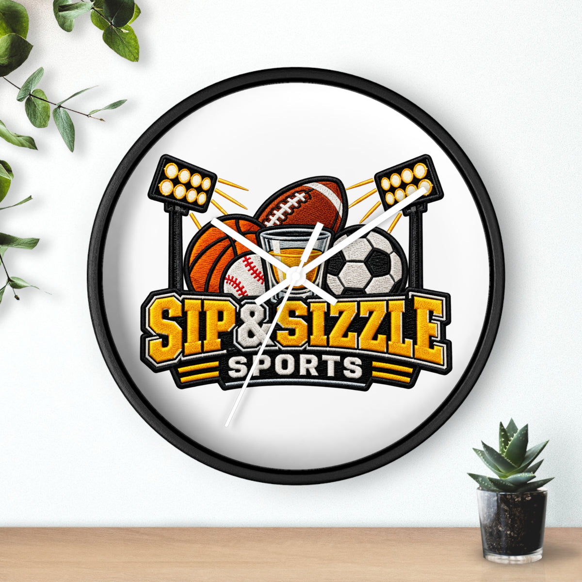 Sip & Sizzle Sports Wall Clock — Game Day Barroom Sports Logo Clock