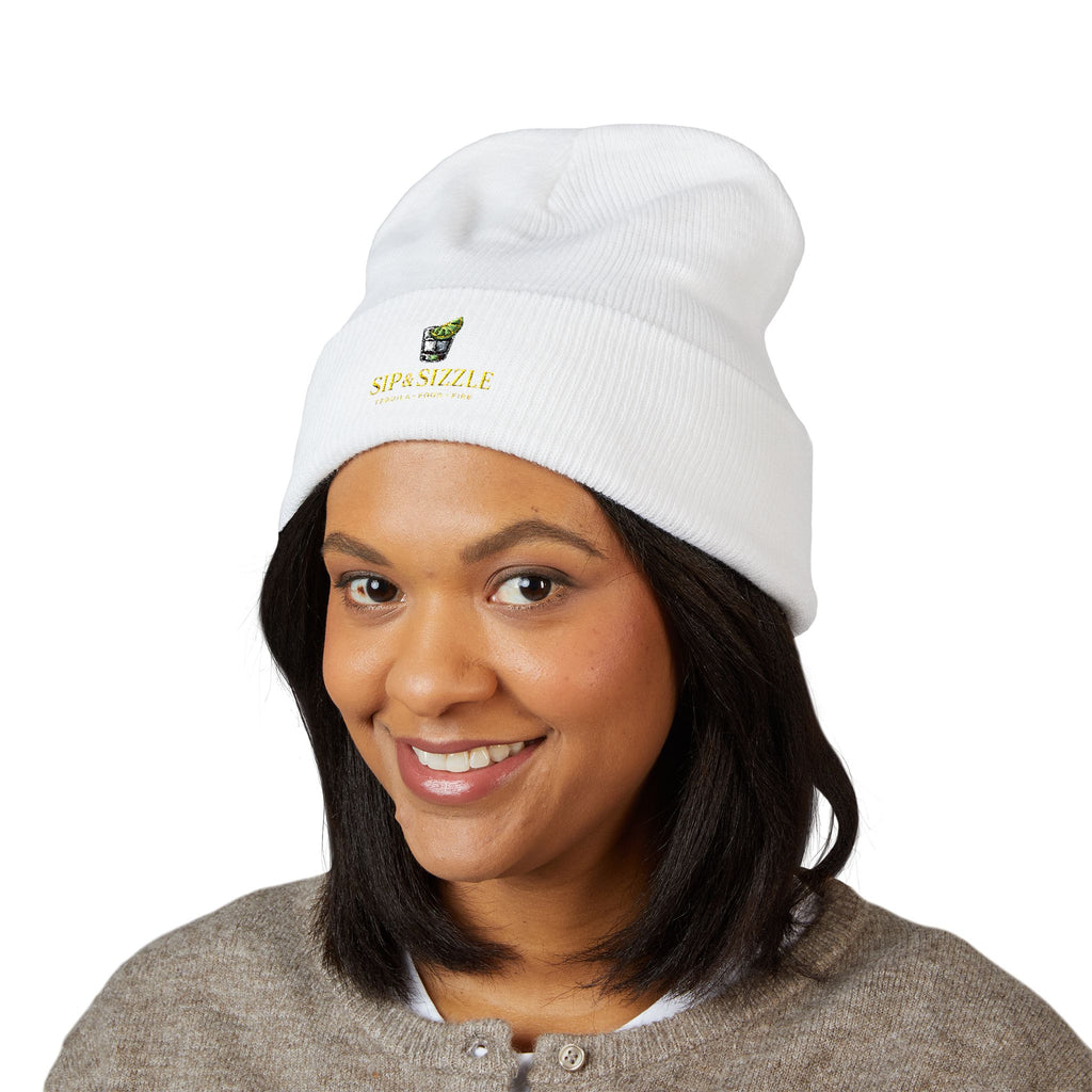Embroidered Daffodil Cuffed Beanie — Floral Spring Knit Hat