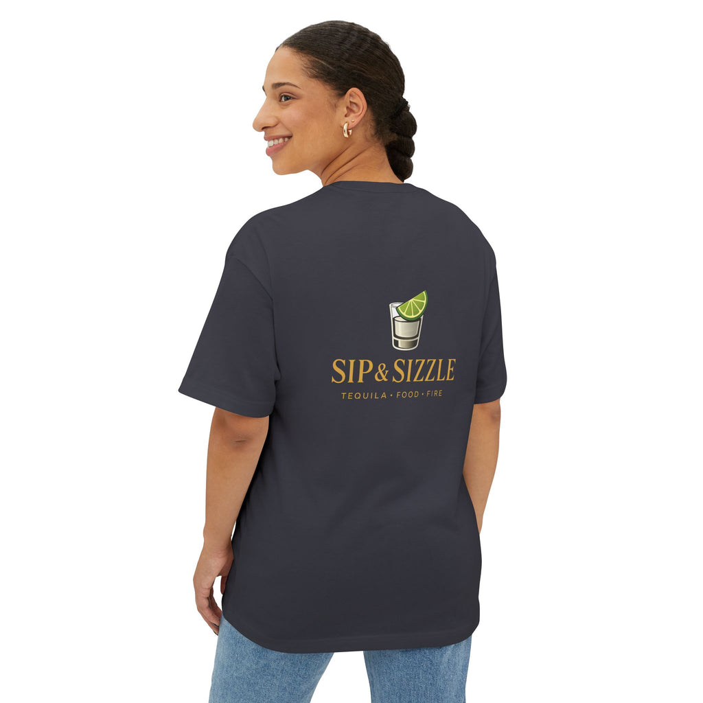 Sip & Sizzle Tee -Graphic Oversized Boxy T-Shirt Front and Back logo