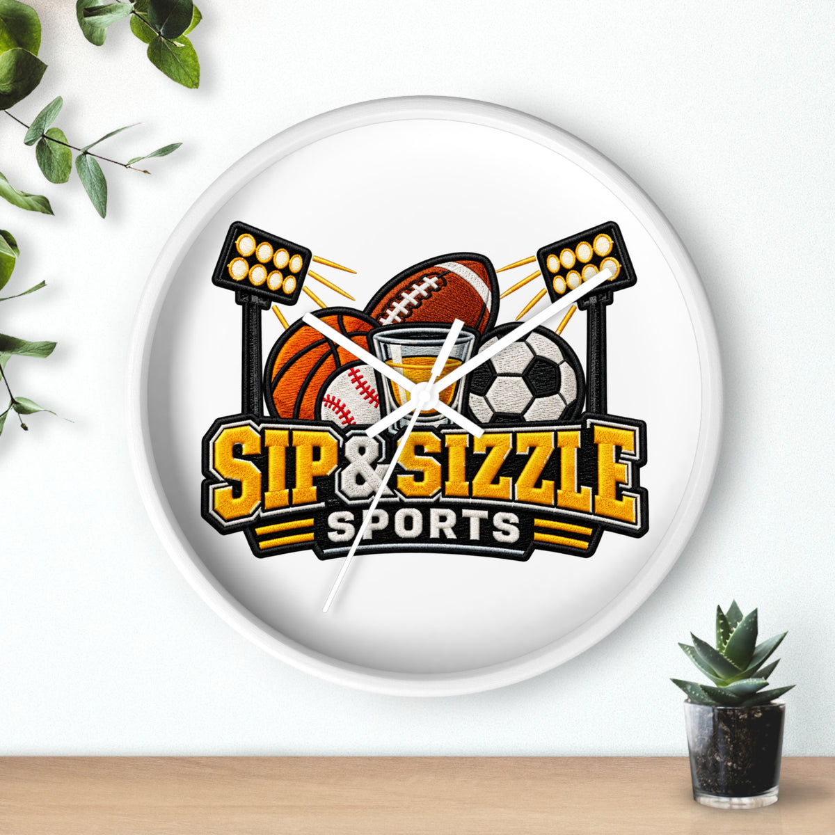 Sip & Sizzle Sports Wall Clock — Game Day Barroom Sports Logo Clock