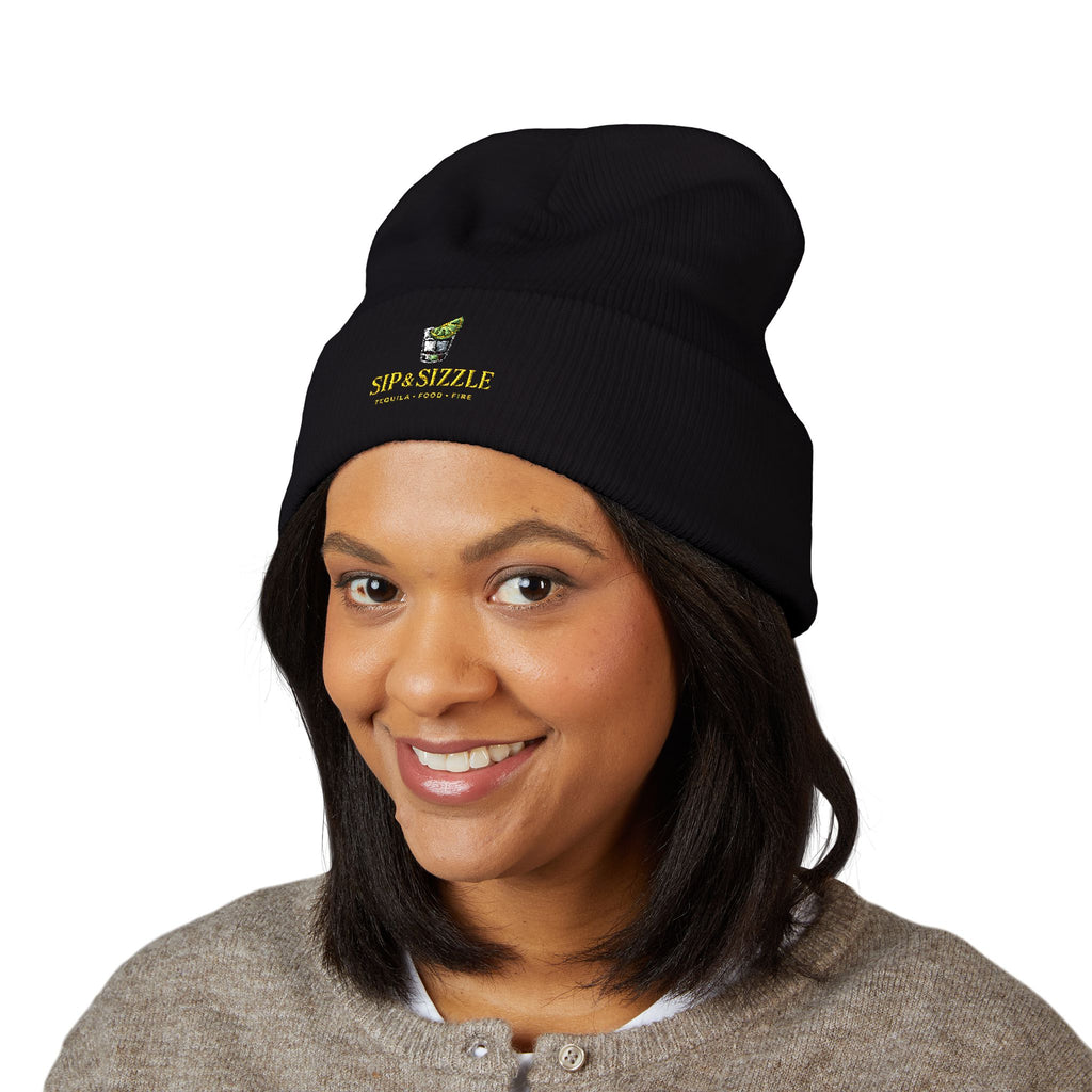 Embroidered Daffodil Cuffed Beanie — Floral Spring Knit Hat