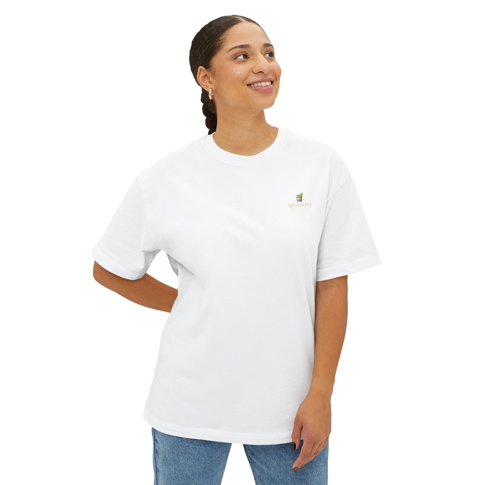 Sip & Sizzle Tee -Graphic Oversized Boxy T-Shirt Front and Back logo
