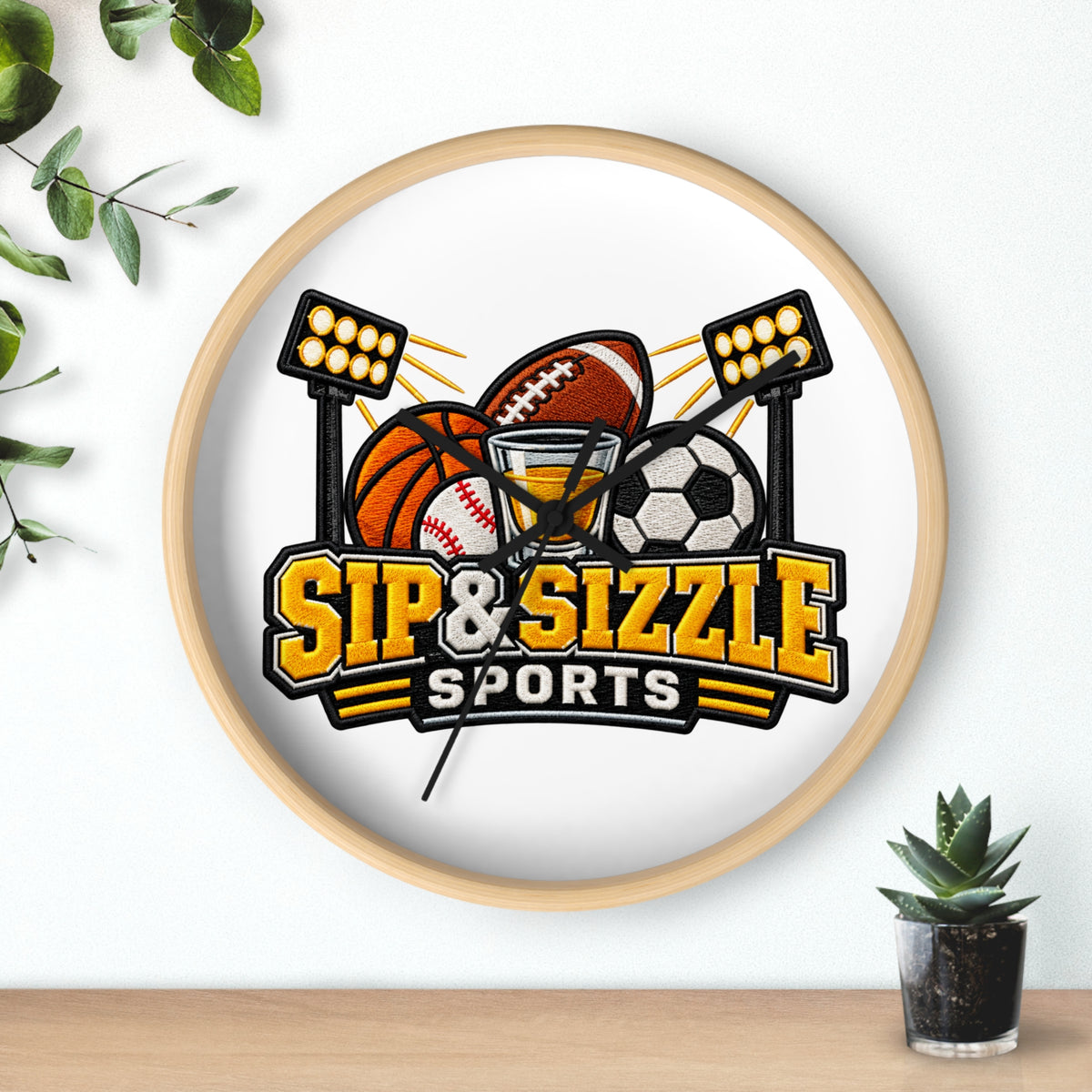 Sip & Sizzle Sports Wall Clock — Game Day Barroom Sports Logo Clock