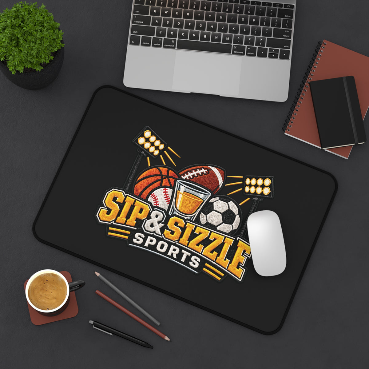 Sip & Sizzle Sports Desk Mat — Gaming/Work Mouse Pad with Football, Basketball, Baseball & Soccer Design