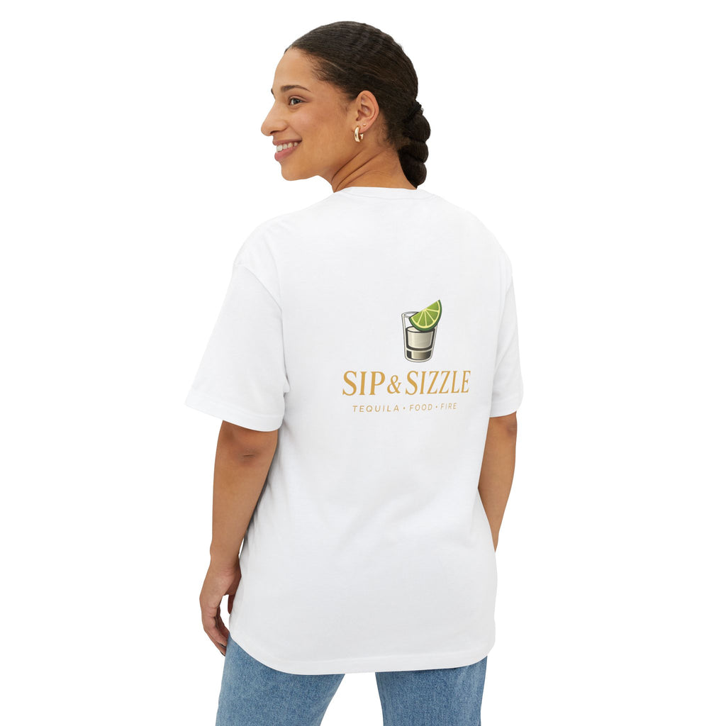 Sip & Sizzle Tee -Graphic Oversized Boxy T-Shirt Front and Back logo