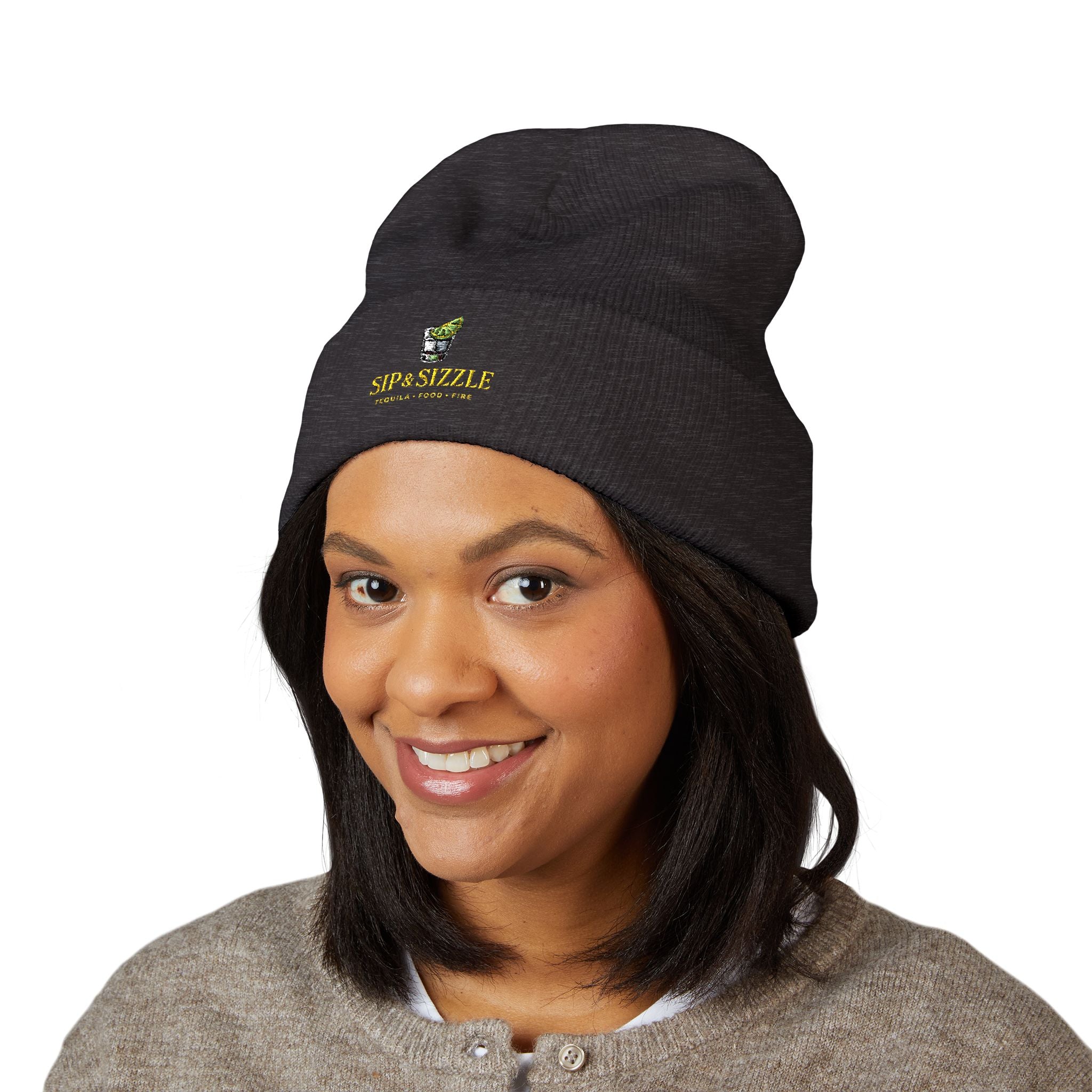 Embroidered Daffodil Cuffed Beanie — Floral Spring Knit Hat