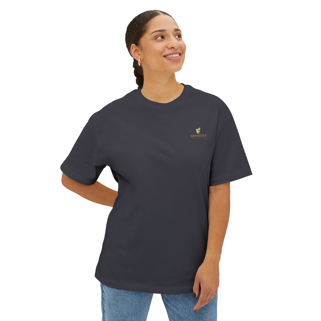 Sip & Sizzle Tee -Graphic Oversized Boxy T-Shirt Front and Back logo