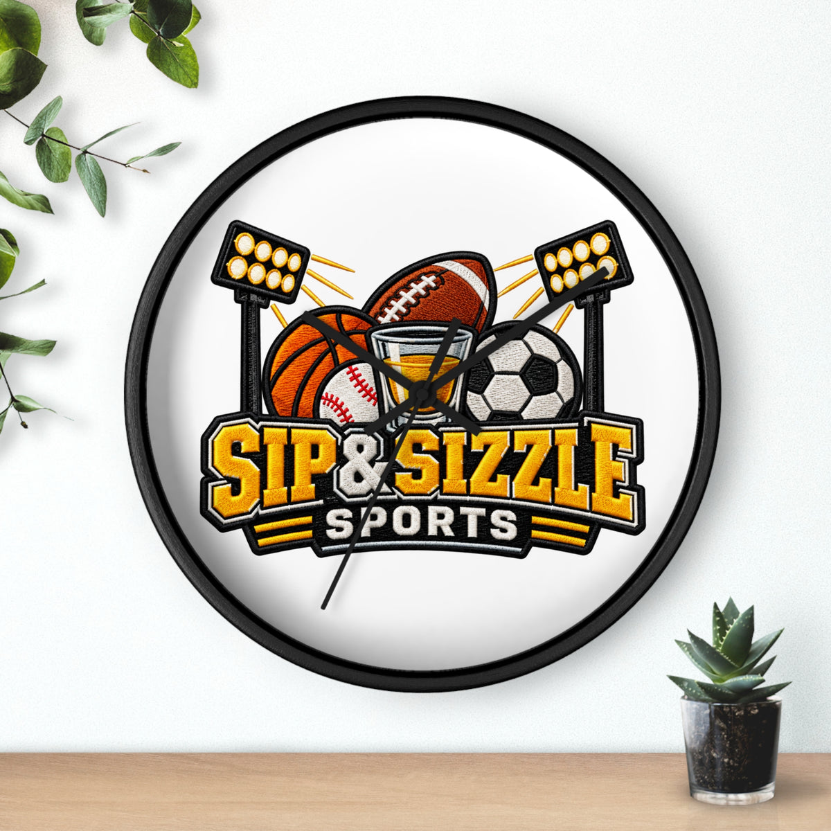 Sip & Sizzle Sports Wall Clock — Game Day Barroom Sports Logo Clock