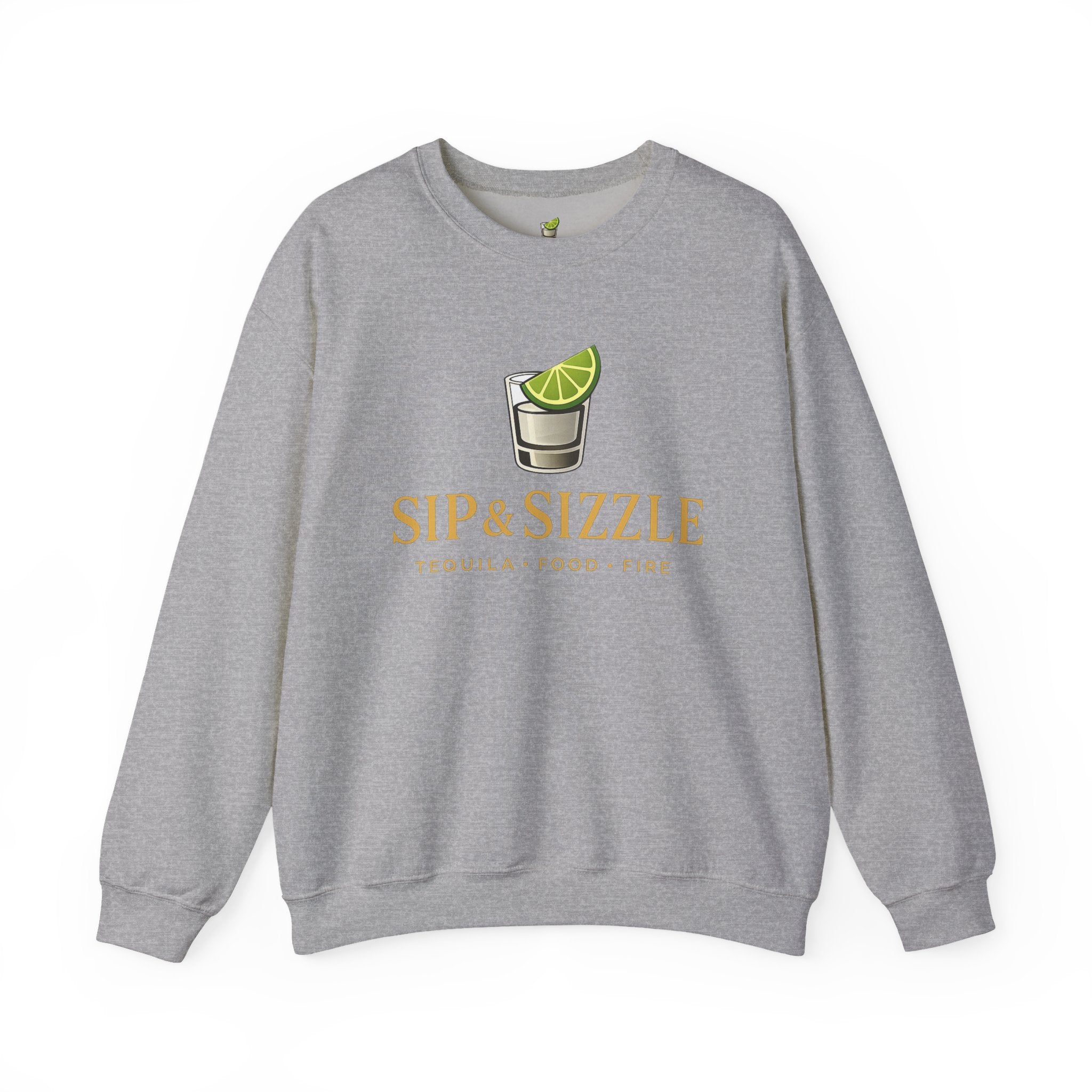 Crewneck Sweatshirt — "Sip & Sizzle" Tequila Shot Logo